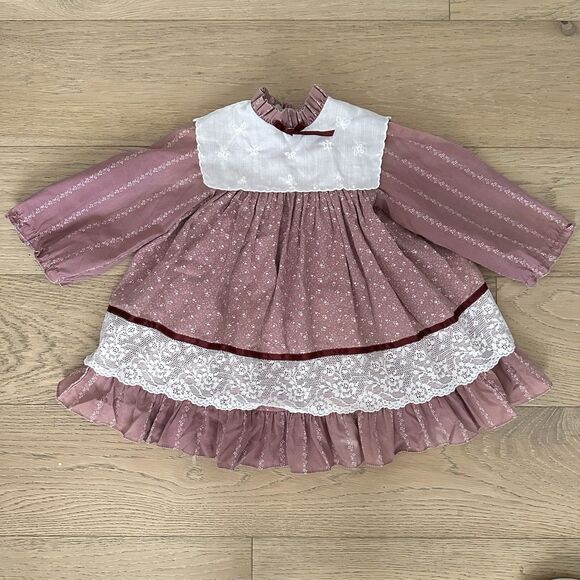 Vintage Mini World 70s Girls Pinafore Dress Lace Ruffles Bib Provo Utah Size 4T - Picture 2 of 10